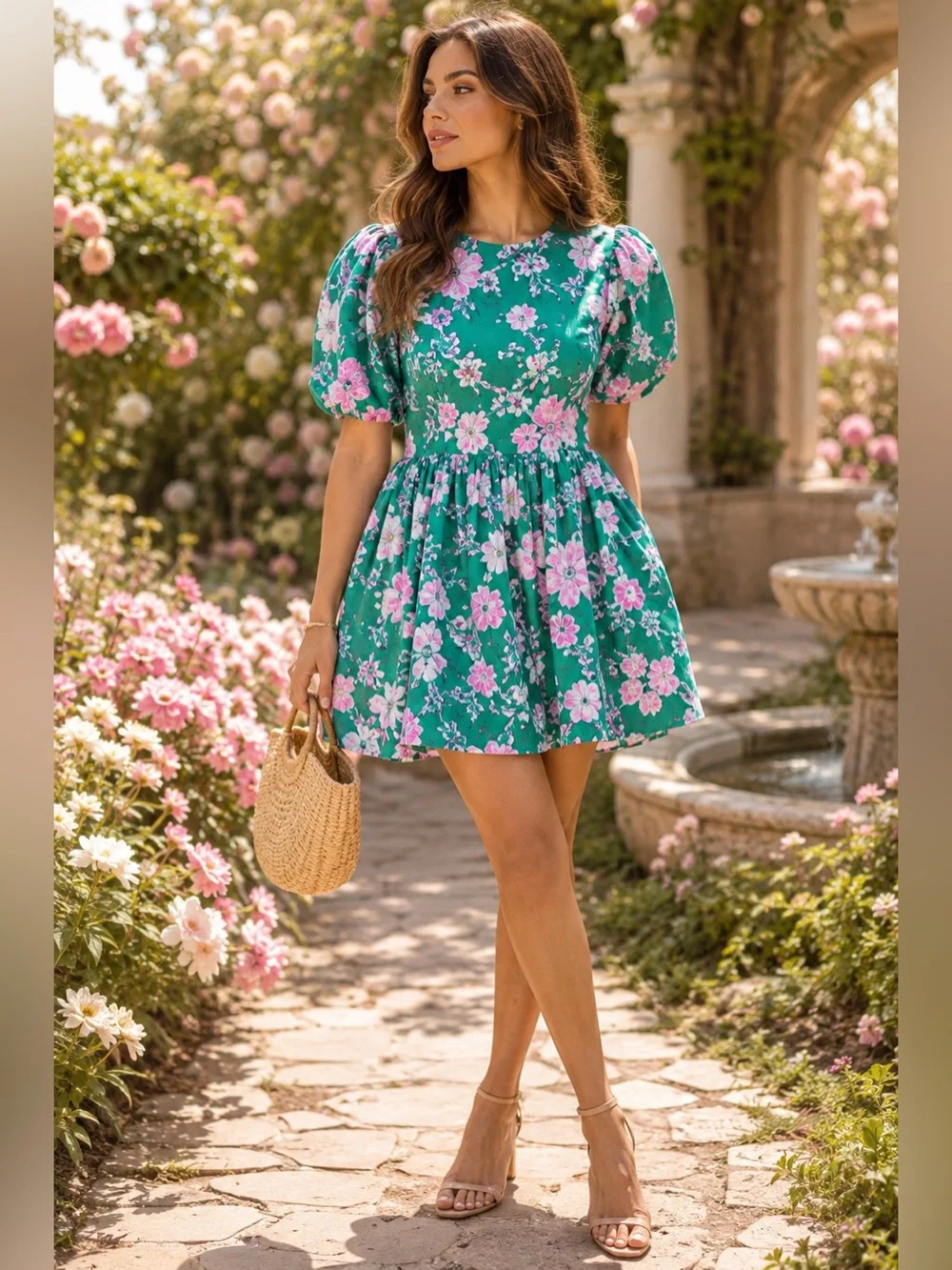 NEW XiRENA Audie Green Pink Floral Mini Dress Cottagecore Coquette Puff Sleeves